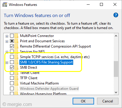 Turn Windows features on or off - SMB 1.0CIFS File Sharing Suport