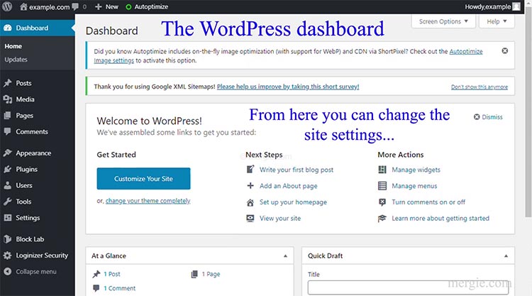 WordPress Installation - The Newly Installed Website Dashboard