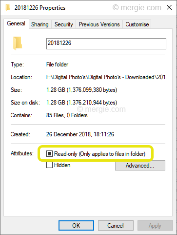 Folder Properties in File Explorer - The Attributes Were Set to Read-Only