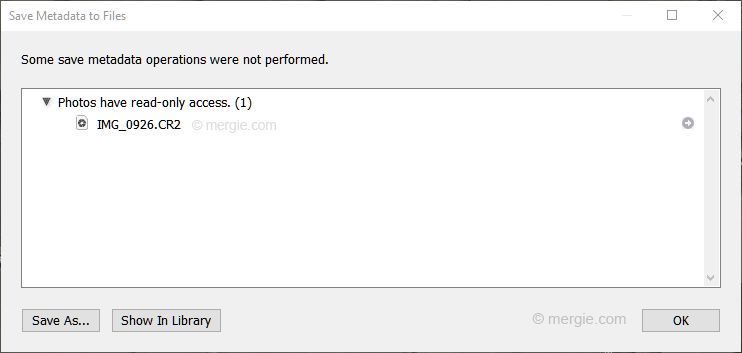 Lightroom - Some save metadata operations were not performed. Photos have read-only access - Error Message