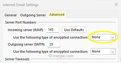 Internet Email Advanced Settings - No Encryption (None)