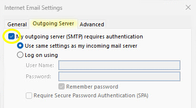 Internet Email Outgoing Server Settings - Requires Authentication (Checked)