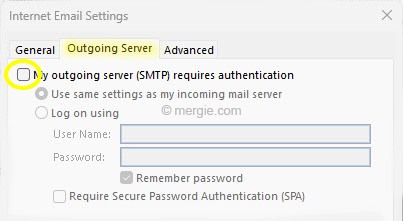 Internet Email Outgoing Server Settings - Requires Authentication (Unchecked)
